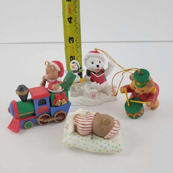 Vintage Christmas Bear Ornaments Lot - Bear w/ Penguin, Train, Sleeping, Drummer - Picture 6 of 7